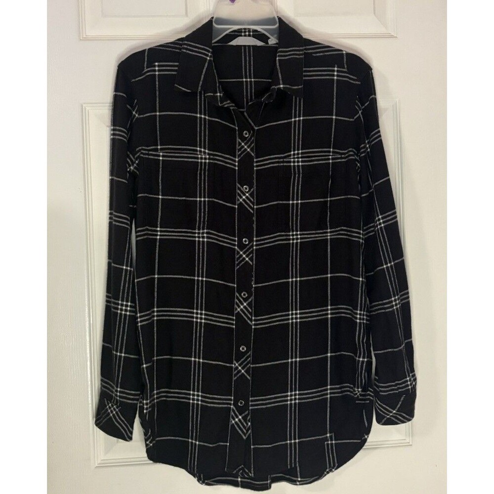 Athleta XS Lumberjill Plaid Flannel Shirt 153133 Button Long Sleeve Black White